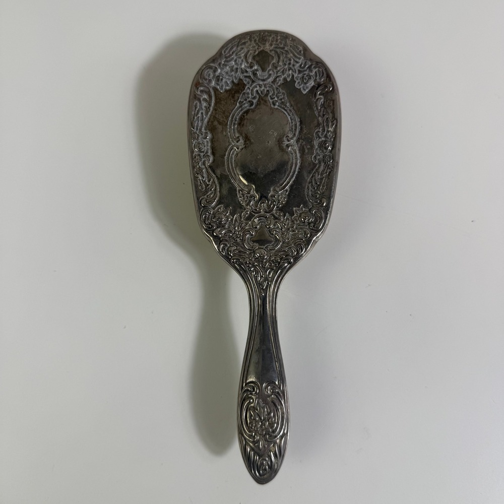 Vintage Silver Tone Embossed Floral Hairbrush Ornate Victorian Style Vanity